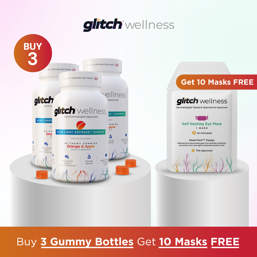 3 Bottles Glitch™ Blue Light Defense™ Gummies + 2 Free Eye Drop Bottles + 15 Free Eye Masks