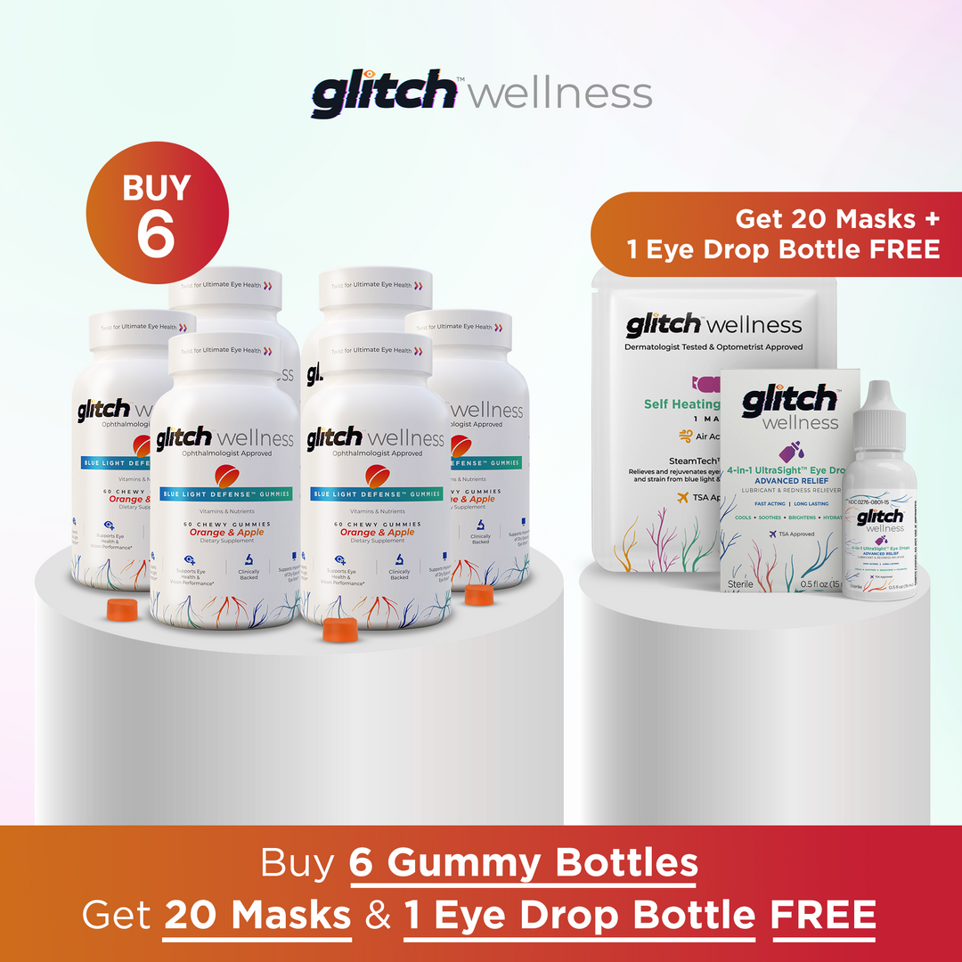 6 Bottles Glitch™ Blue Light Defense™ Gummies + 2 Free Eye Drops Bottle + 25 Free Steam Masks